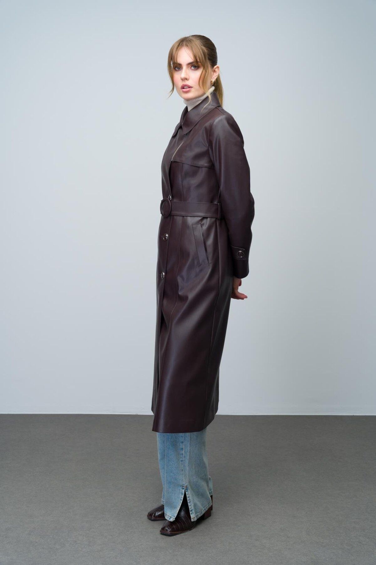 Olcay-Leather Trench Coat - Zipper Detail on the Collar, Belt Buckle, Brown 6609 7