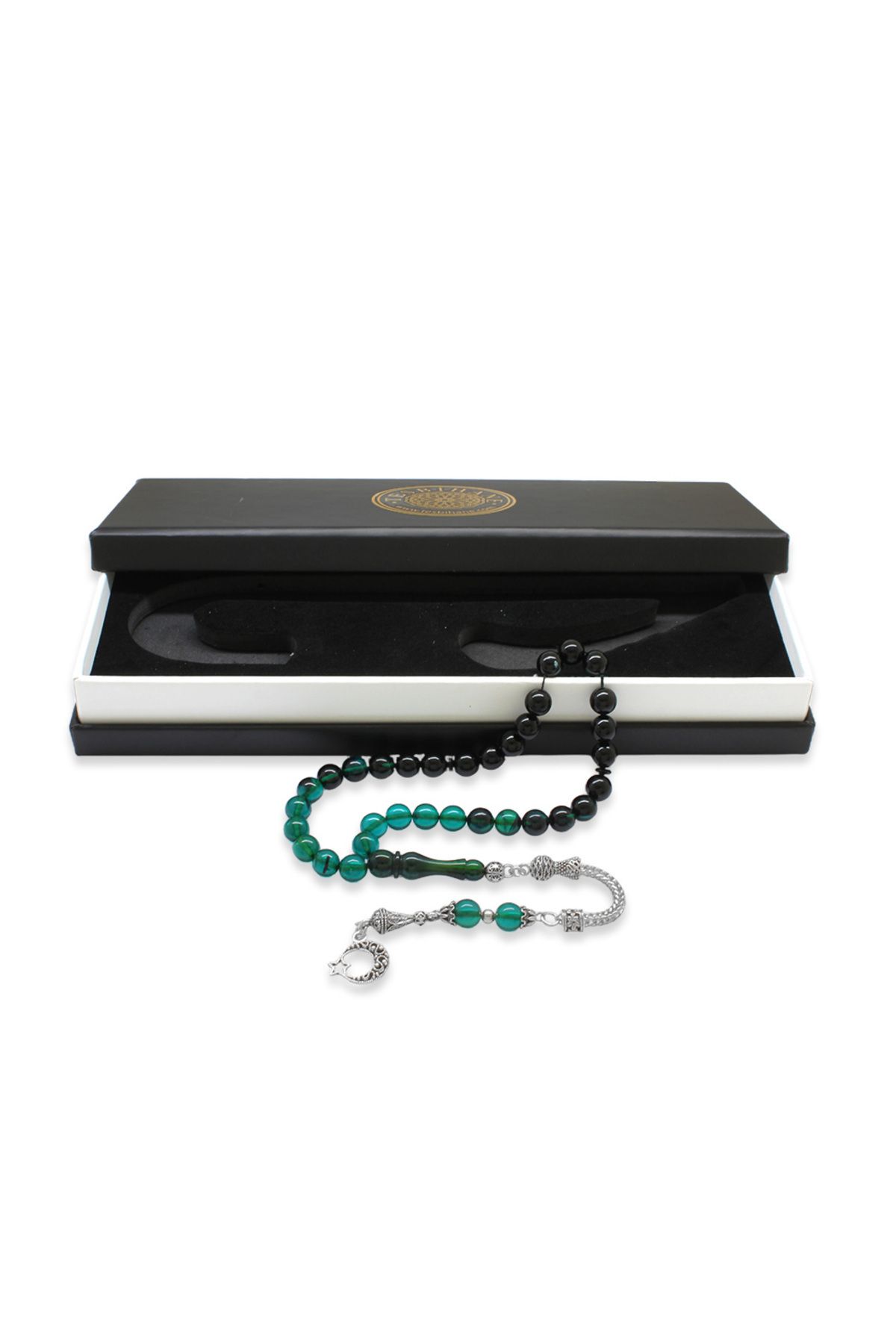 Tesbihane-Non-Tarnish Metal Crescent Star Tasseled Globe Cut Turquoise-black Fire Amber Prayer Beads 2