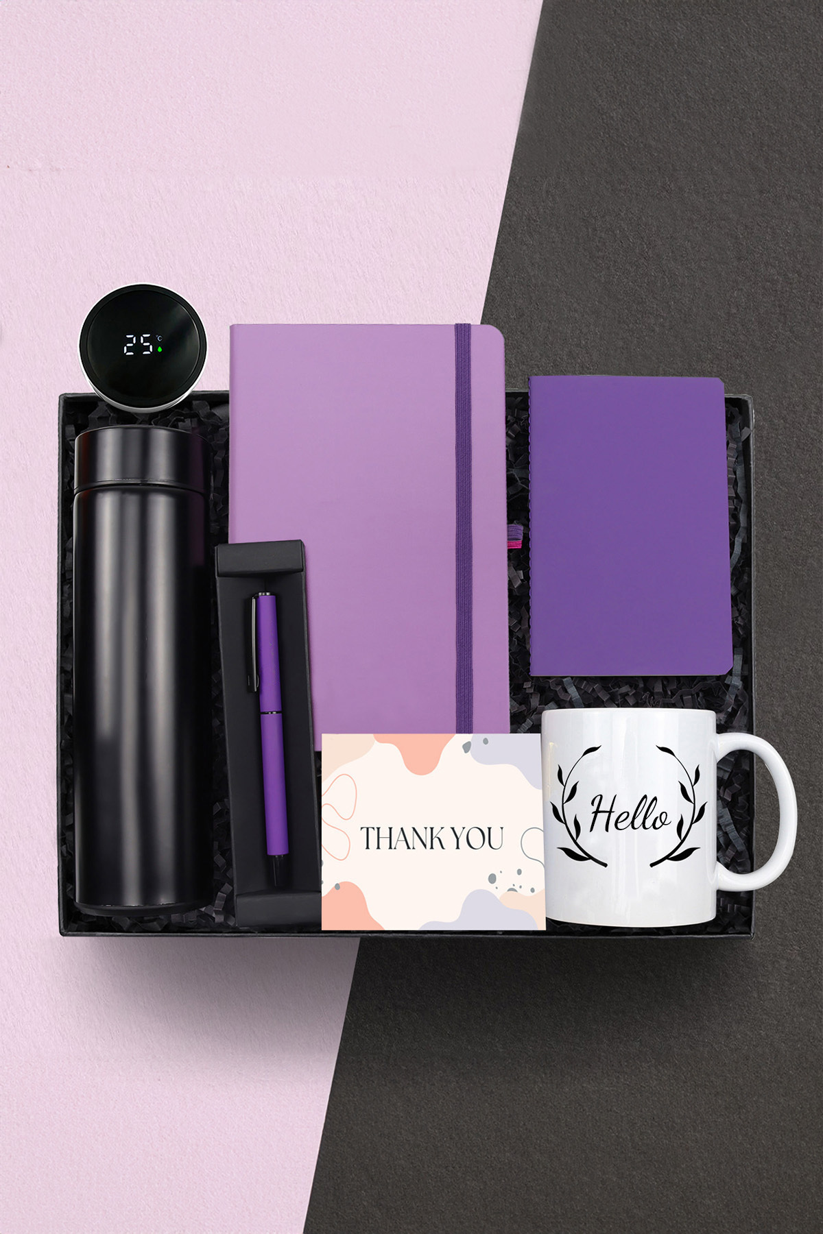 Trendmiya Siyah Dereceli Termos & Mor Defter & Mini Not Defteri & Roller Kalem & Kupa Welcome Kit Hediye Seti
