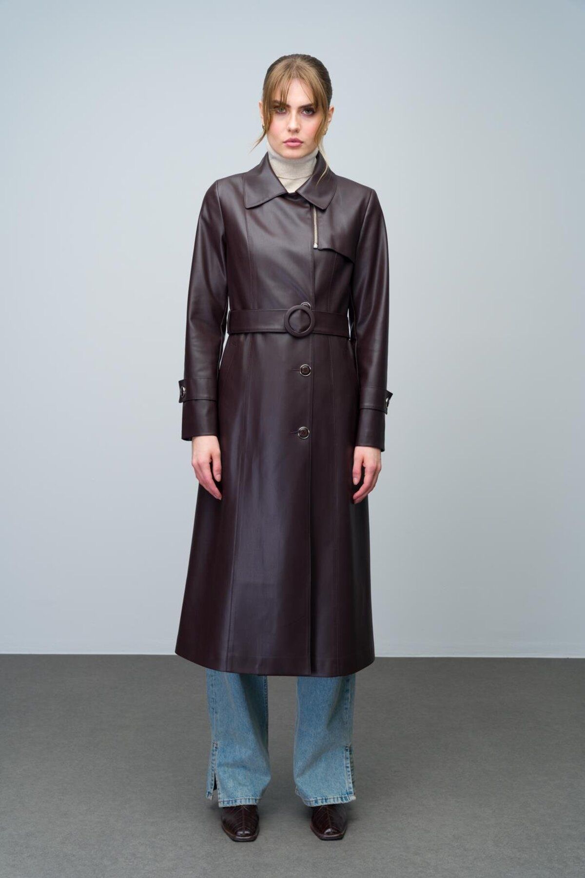 Olcay-Leather Trench Coat - Zipper Detail on the Collar, Belt Buckle, Brown 6609 2