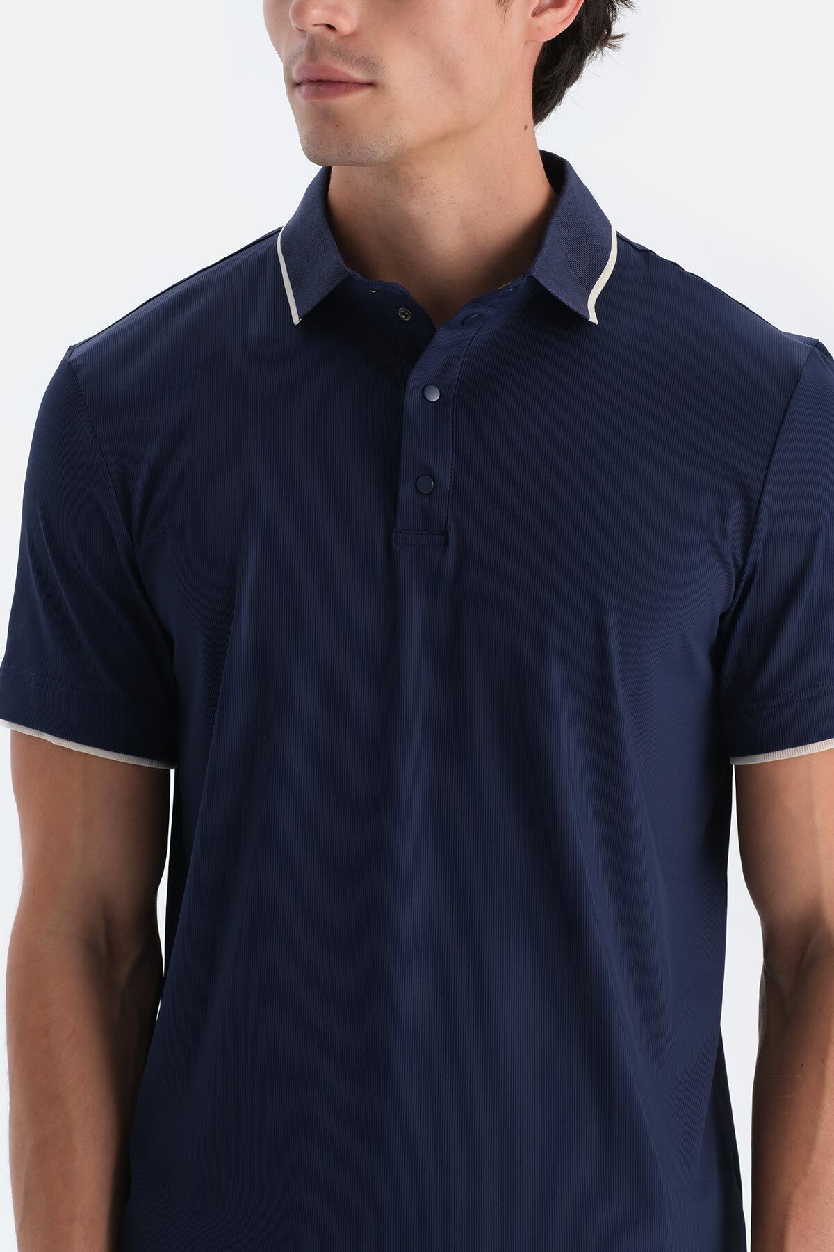 Dagi-Navy Blue Men's Technical Fabric Polo Collar Detailed T-Shirt 4