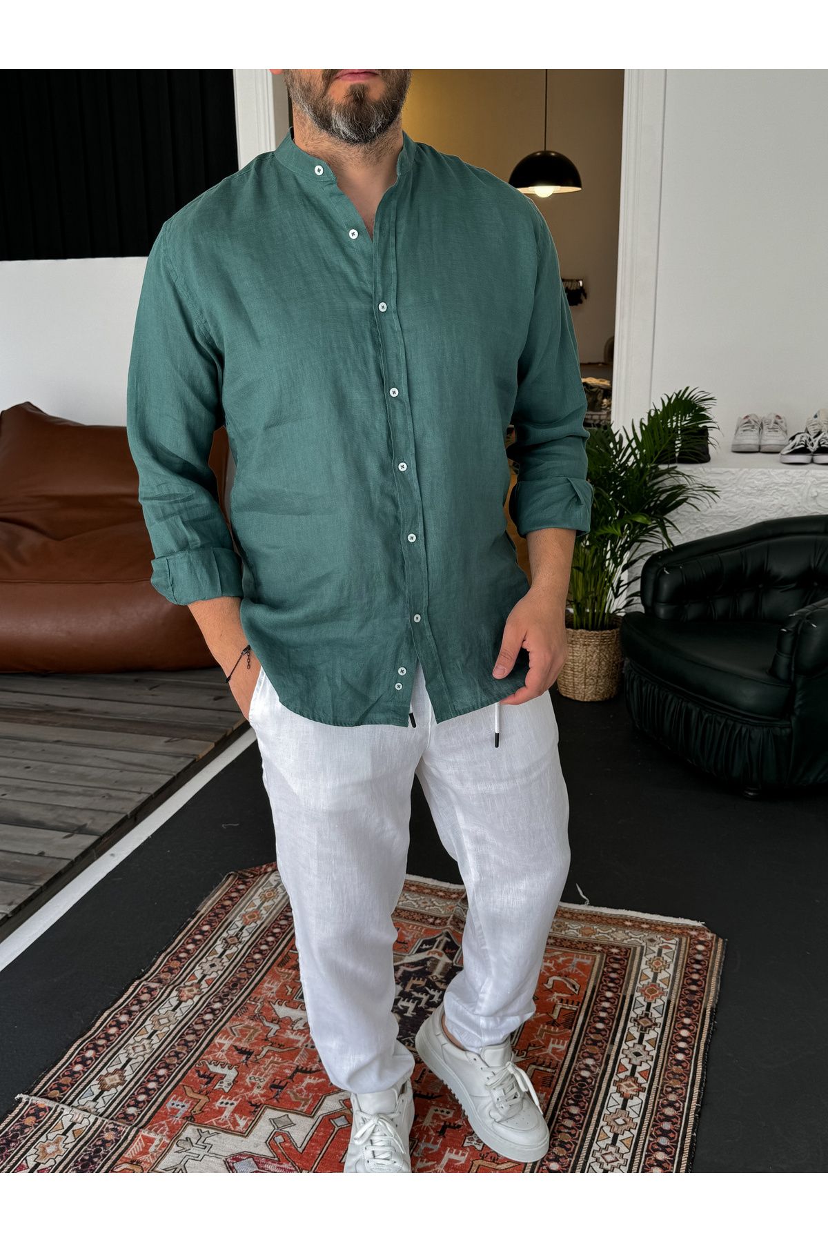 BYBASICMAN-Dark Green Judge Collar Raw Linen Shirt G-5252 1