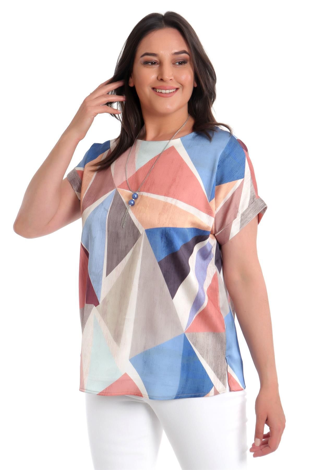 SERTUĞ-Plus Size Geometric Pattern Low Sleeve Basic Indigo Blouse 5