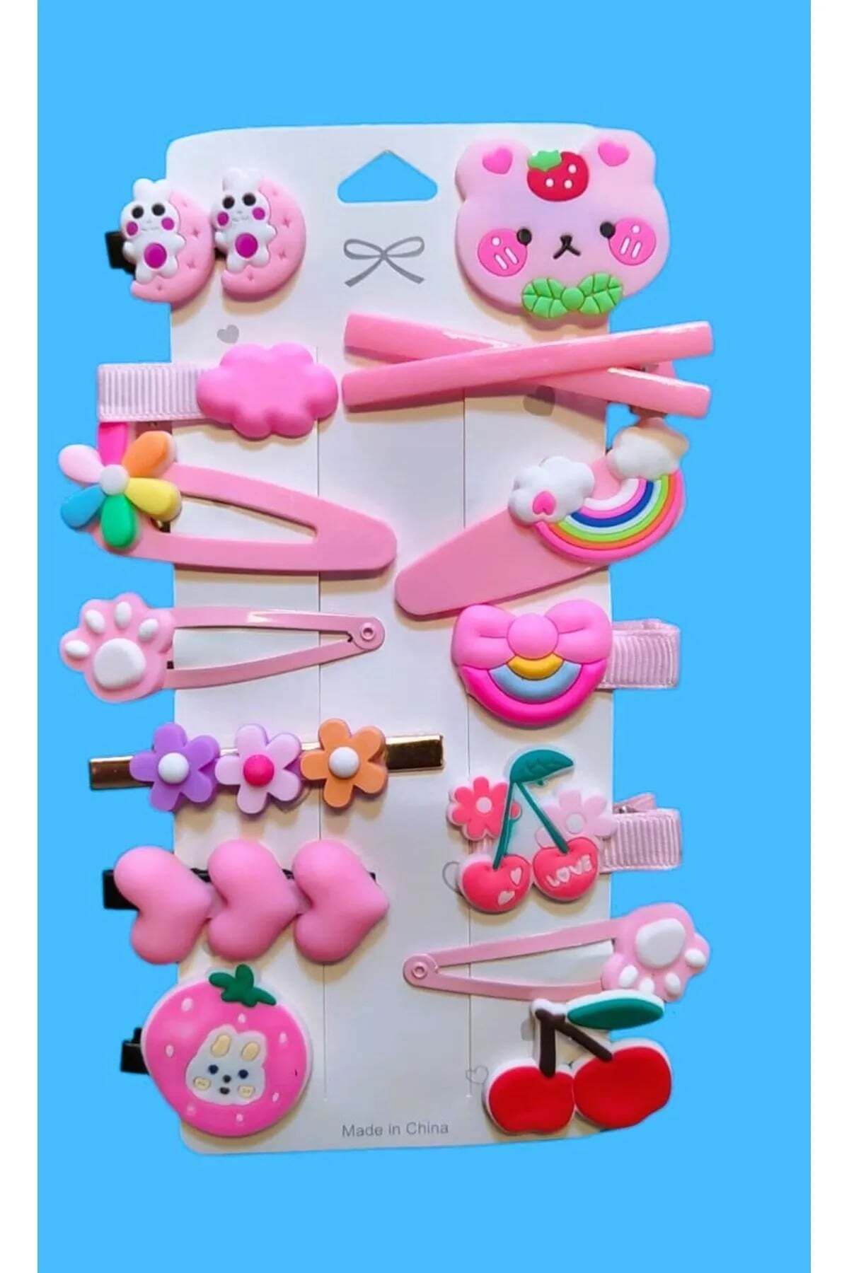 Albayrak Pembe Tema 14 Lü Set Çocuk Saç Tokası Seti Çoklu Figürlü Toka Set