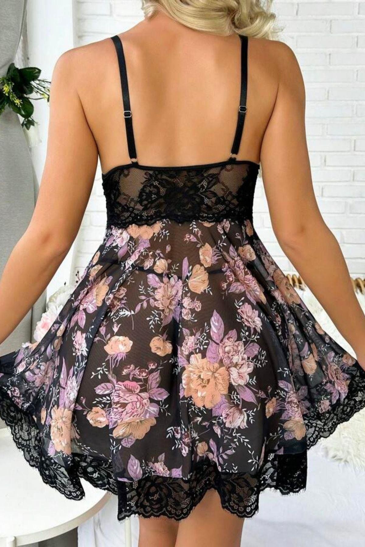 SECRET DREAM-Black Flowers Model Flowery Black Mini Nightwear 4