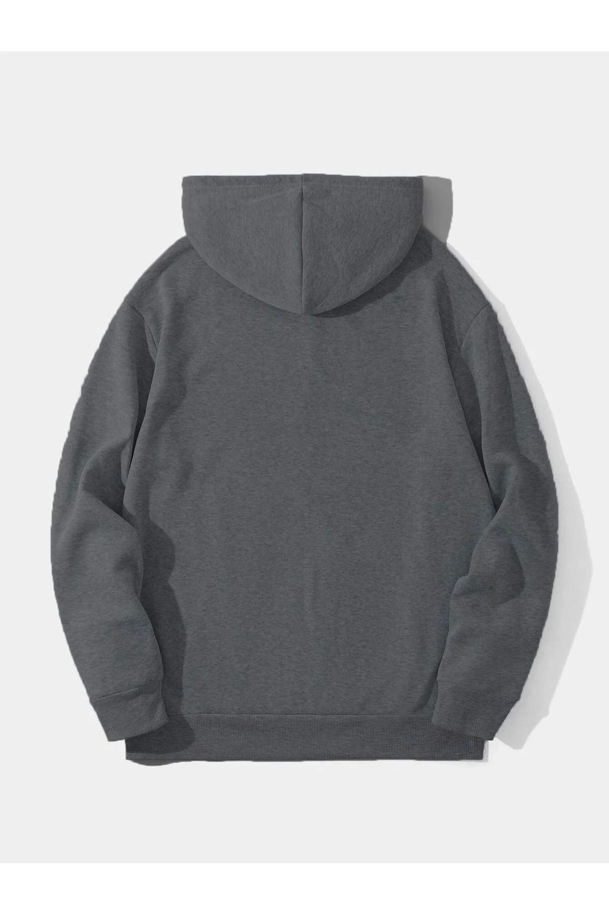 Pink Stil Erkek Düz Kapüşonlu Sweat - Füme Pink Stil