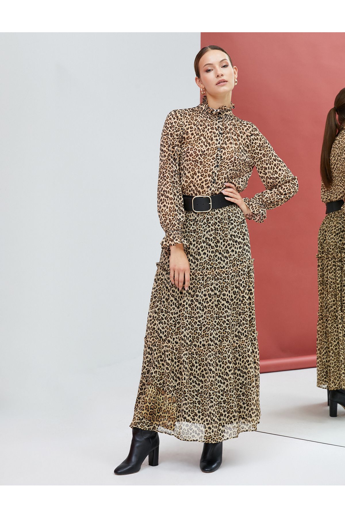Koton-Leopard Patterned Long Chiffon Skirt - Flounce and Lined 1