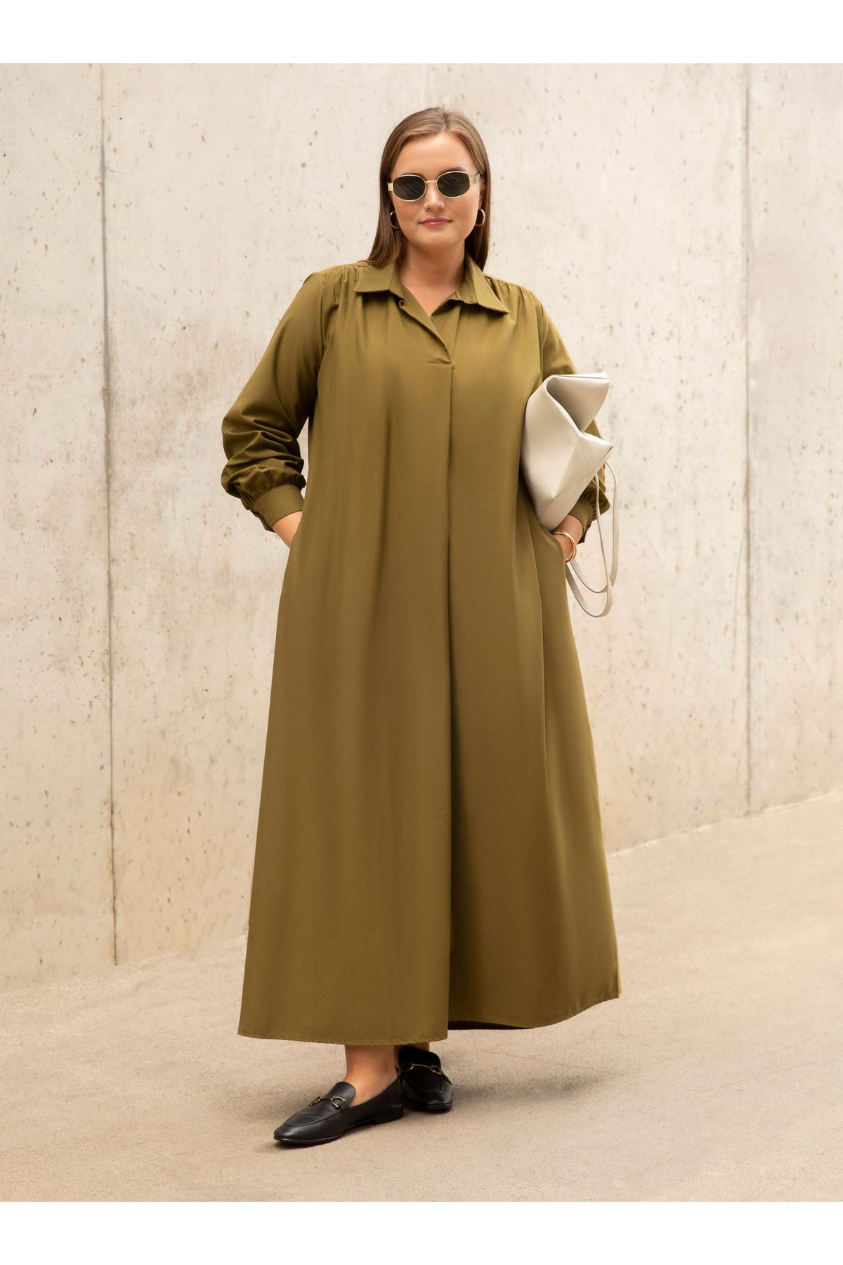 ALİA-Khaki Plus Size Poplin Dress - Alia 4