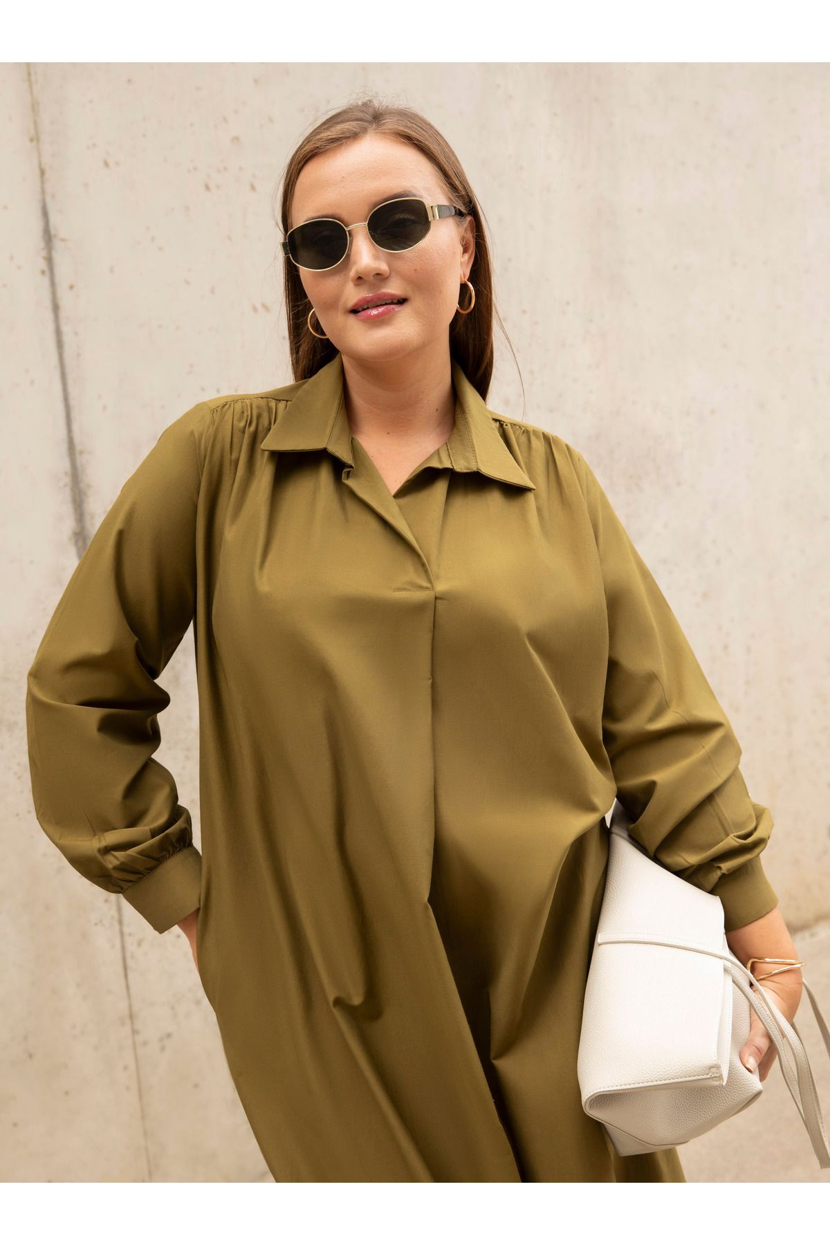 ALİA-Khaki Plus Size Poplin Dress - Alia 5