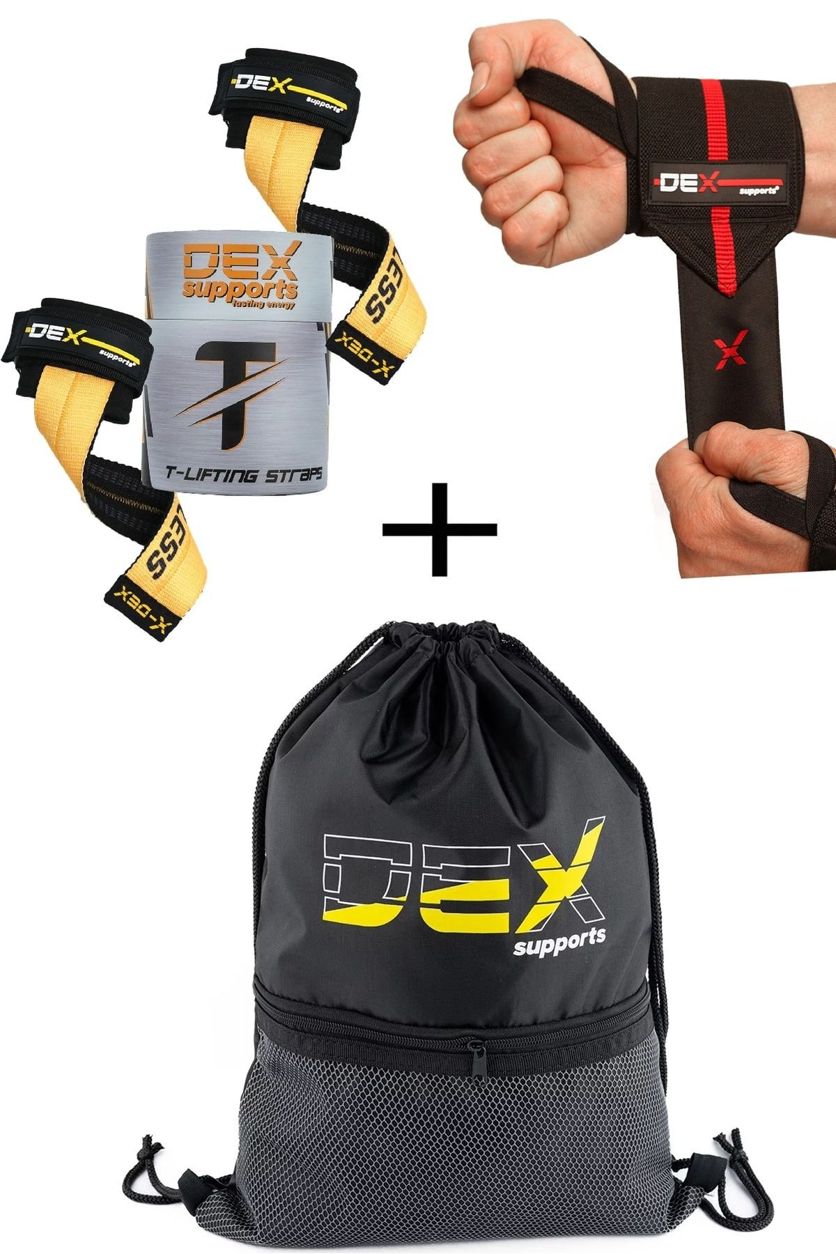 Dex Supports Fitness Bilekliği Wrist Wraps Elite + Ağırlık Kayışı T-Grips Lifting Straps + Sackpack 3'lü Paket