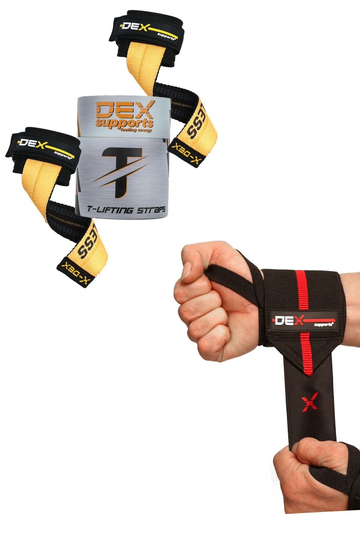 Dex Supports Fitness Sporcu Bilekliği Wrist Wraps Elite+Ağırlık Kaldırma Kayışı T-Grips Lifting Straps 2'li Paket