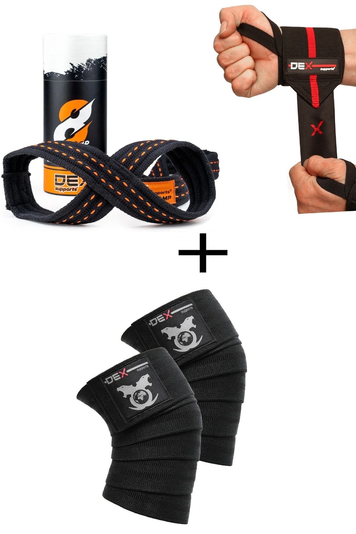 Dex Supports Spor Bilekliği Wrist Wraps Elite+8 Loop Lifting Straps Turuncu+Fitness Knee Wraps Legend 3'lü Paket