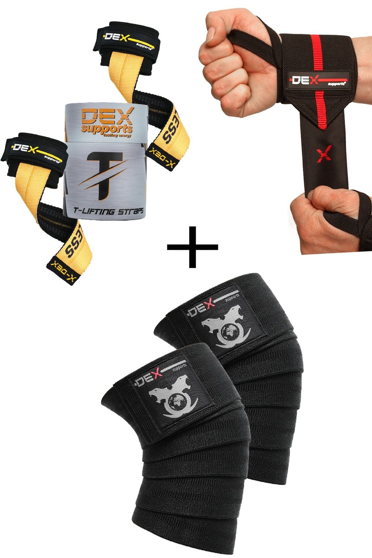 Dex Supports Fitness Bilekliği Wrist Wraps Elite + T-Grips Lifting Straps + Fitness Knee Wraps Legend 3'lü Paket