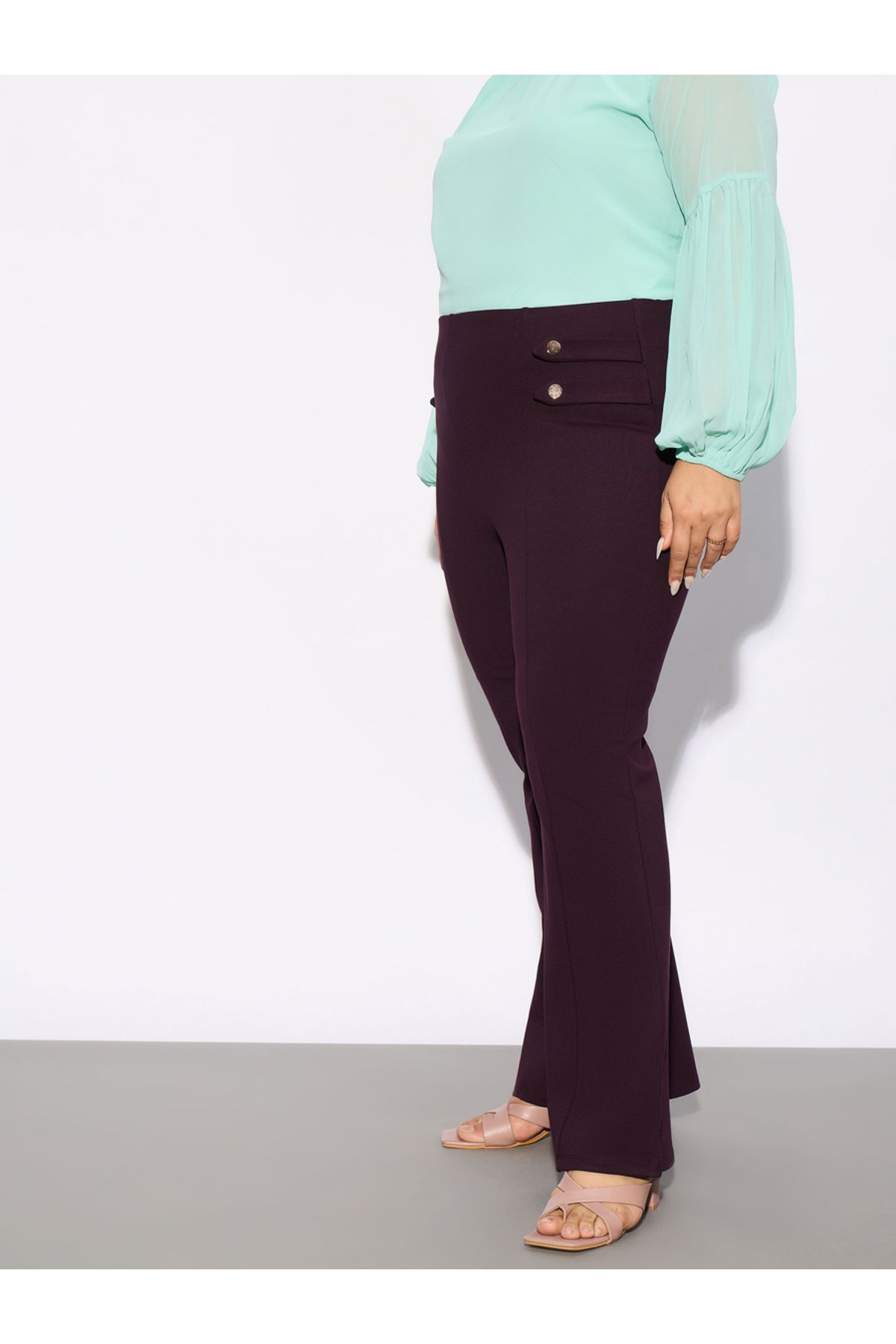 Sassafras By Styli-Plus Solid Bell Bottom Trouser with Button Detail 3