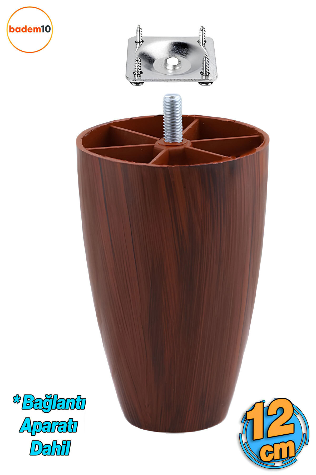 Badem10 Vidalı (M8 INCE DİŞ) 12 Cm (CEVİZ) Plastik Mobilya Koltuk Kanepe Ayağı Ayakları Aparat Dahil