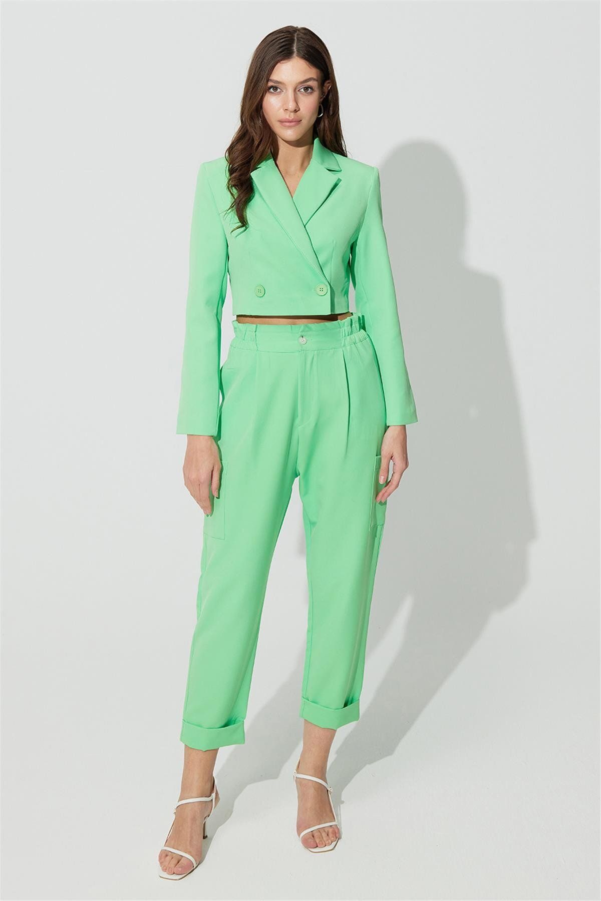 SHERIN-Green Double Breasted Lapel Blazer Jacket 2