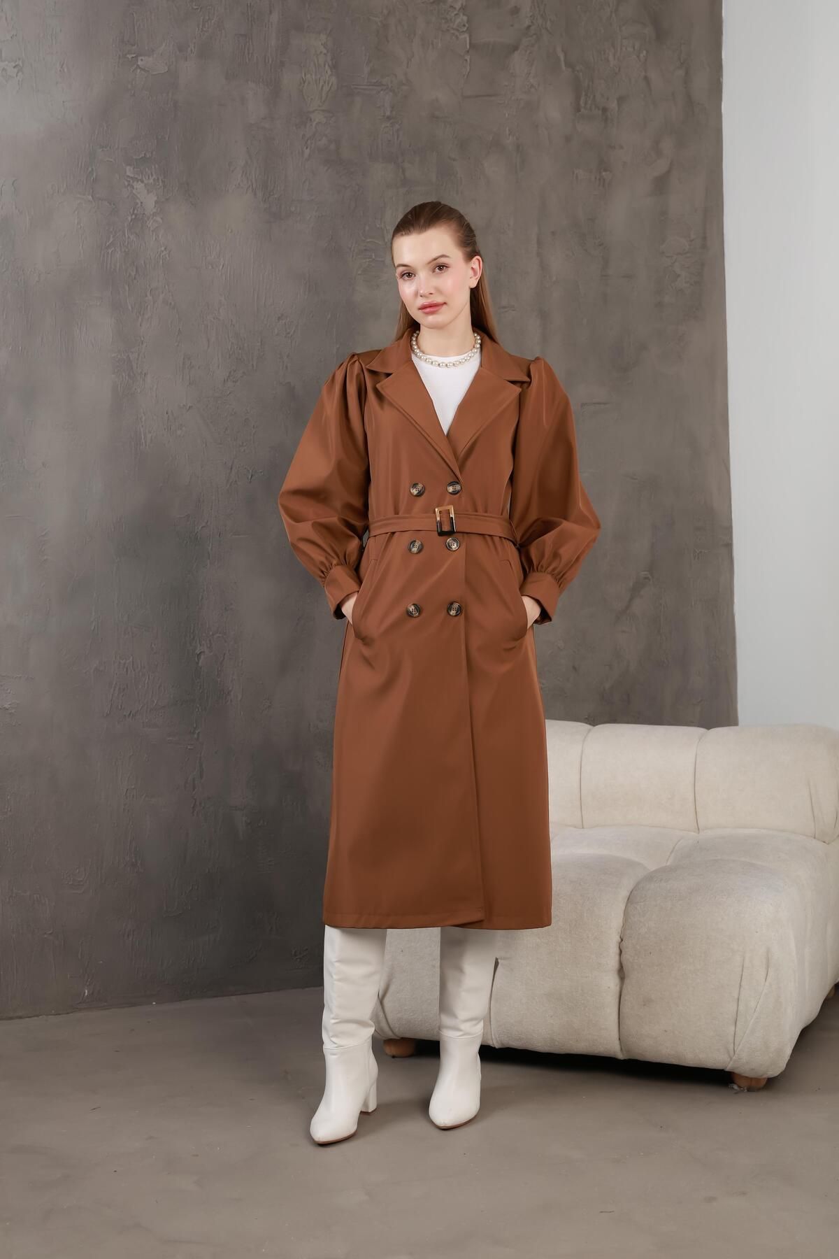 QUBERZ-Tan Balloon Sleeve Trench Coat 5