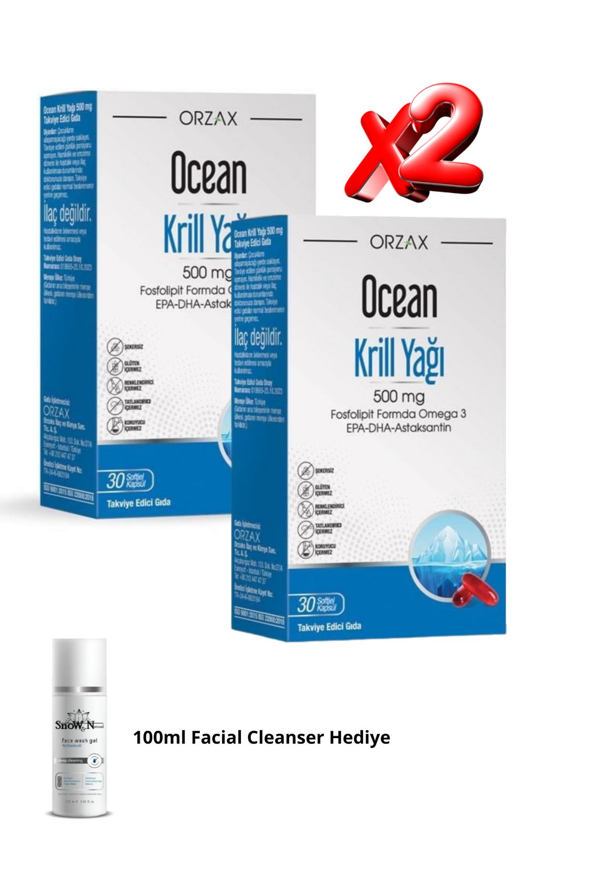 Ocean 2 ADET Krill Oil (EPA - DHA - Astaksantin) 500mg 30 Softgel + 100ml Facial Cleanser Hediye