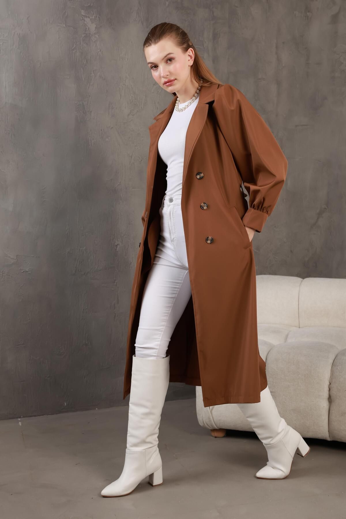 QUBERZ-Tan Balloon Sleeve Trench Coat 2