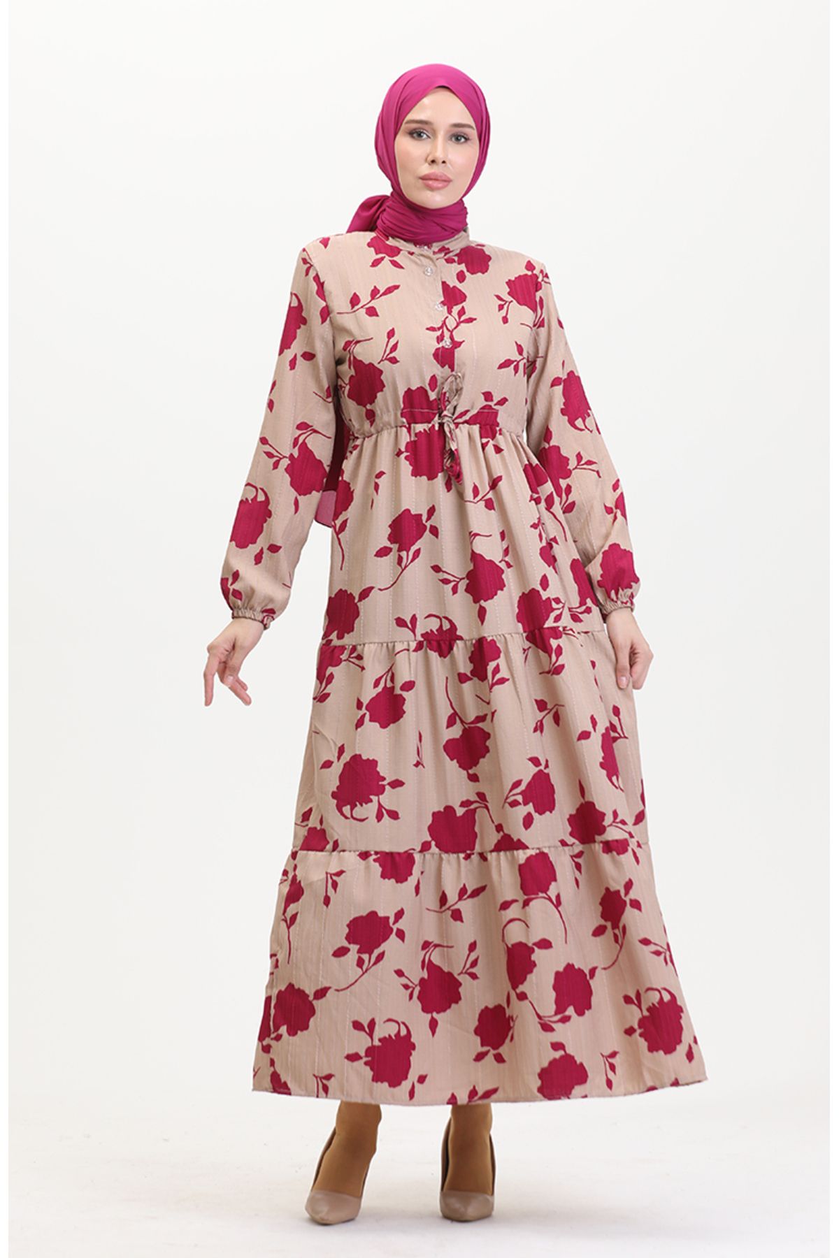 sefamerve-Mink Fuchsia Patterned Dress - Buttoned Front and Laced 0516-01 3