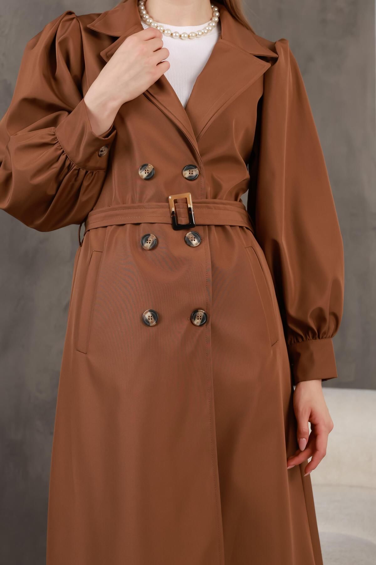 QUBERZ-Tan Balloon Sleeve Trench Coat 3