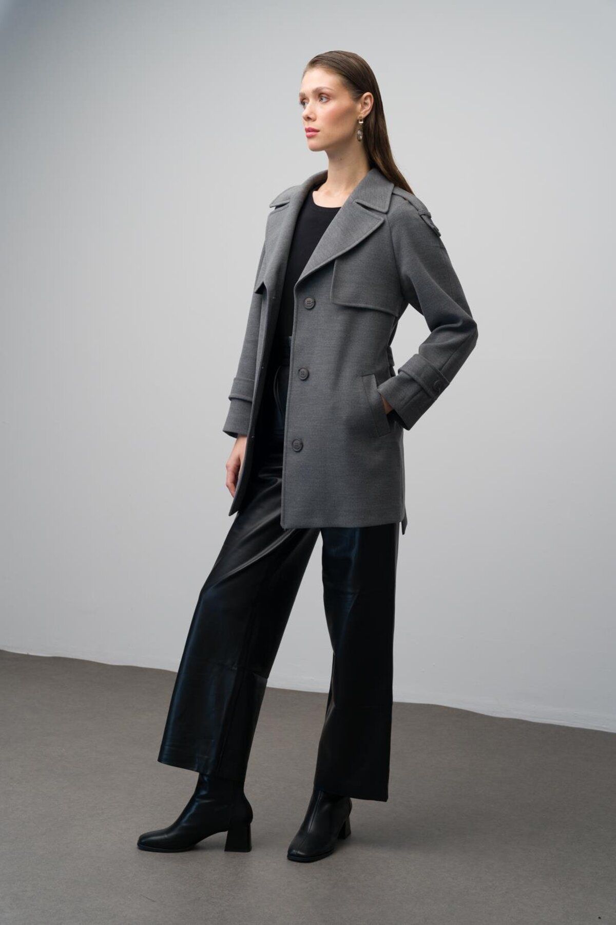 Olcay-Raglan Sleeve Coat - Epaulet and Cloak Detail, Gray 3078 4