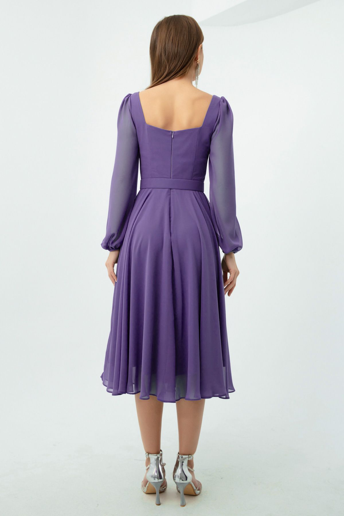 Lafaba-Women's Lavender Square Collar Belted Midi Chiffon Evening Dress 5