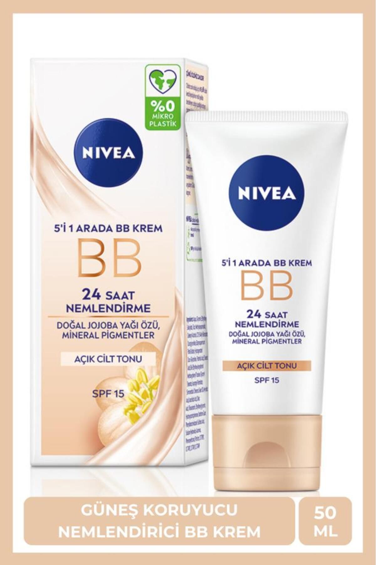 NIVEA BB Krem Nemlendirici Yüz Bakım 50ml, SPF15, Açık Ton, Jojoba Yağı Özü ie Aydınlık Cilt