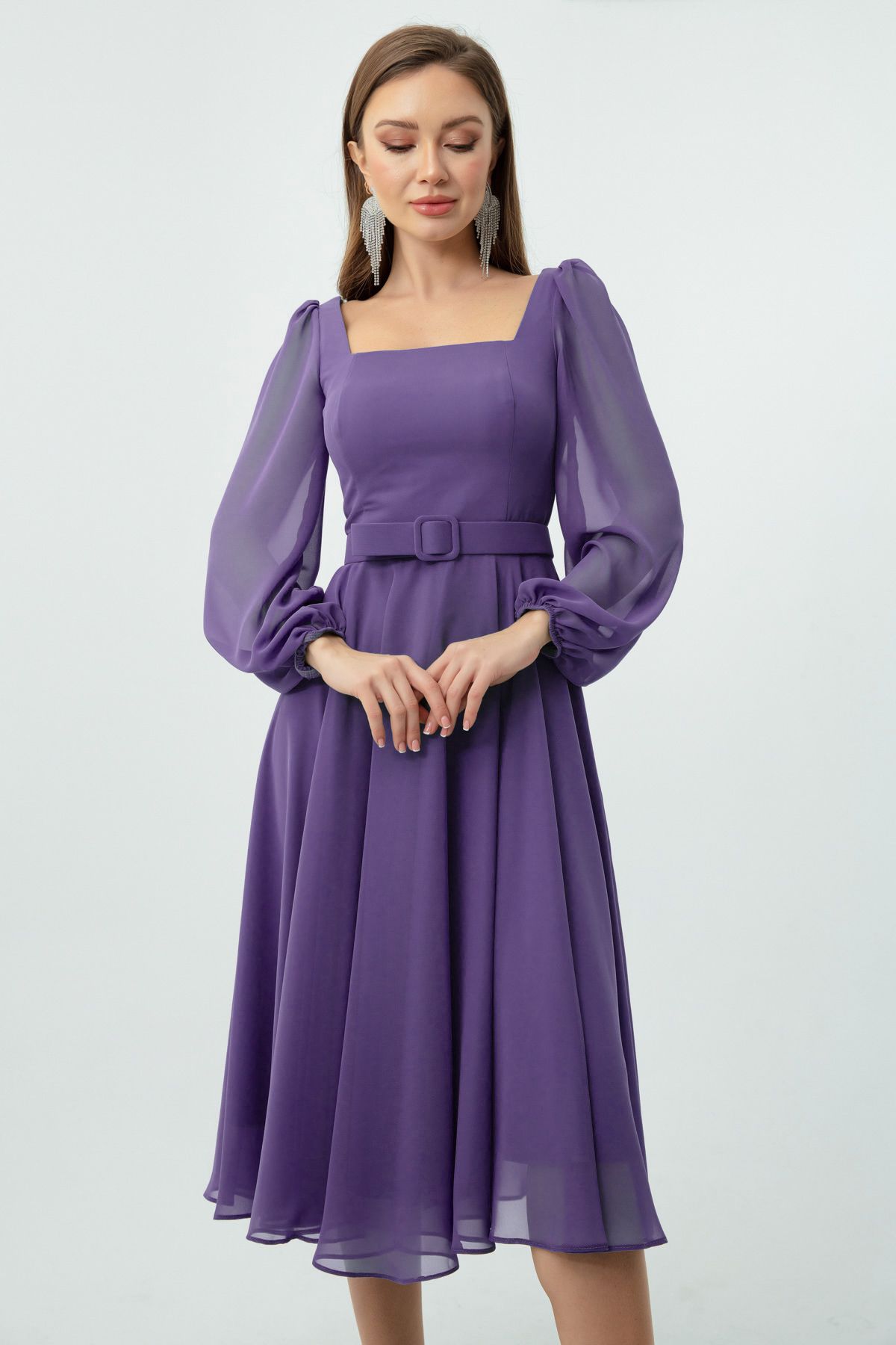 Lafaba-Women's Lavender Square Collar Belted Midi Chiffon Evening Dress 3