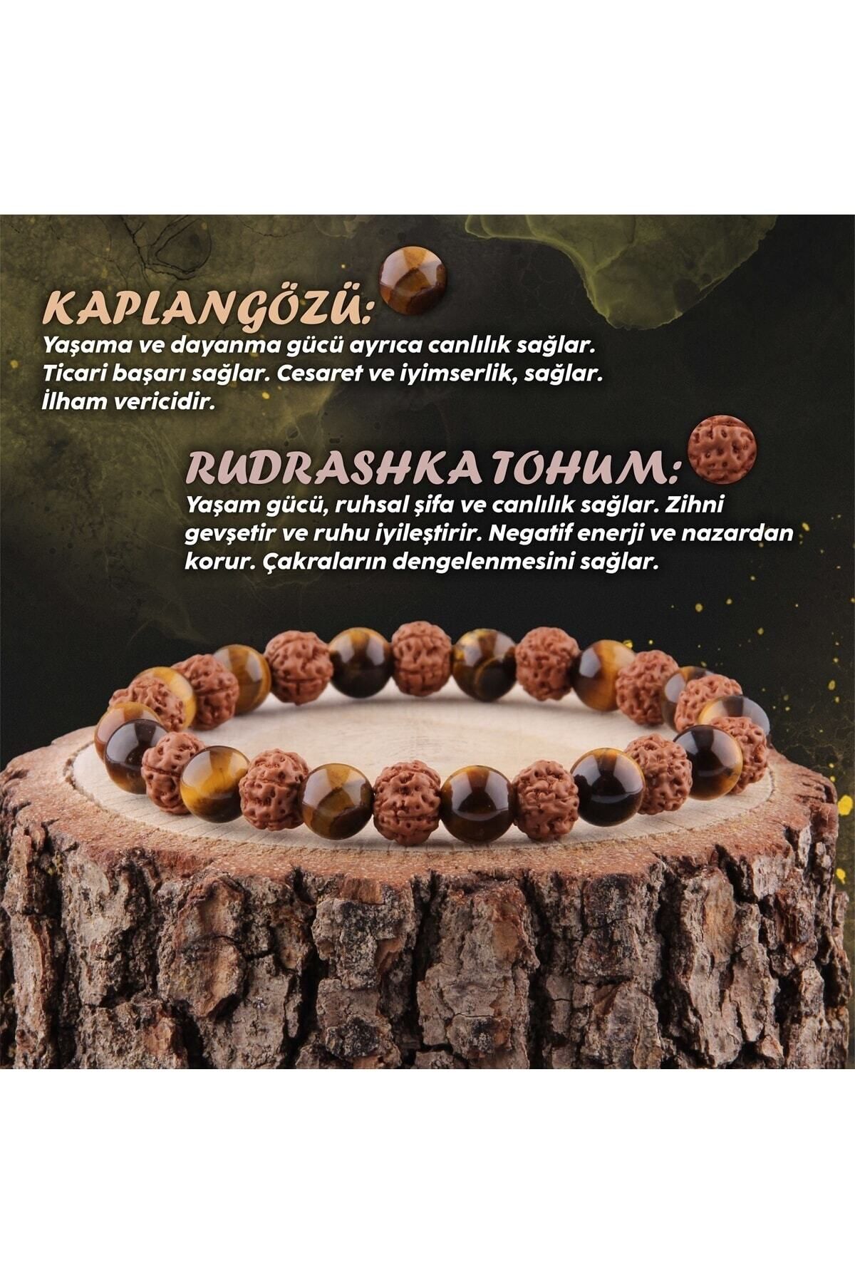 OTTOMAN NATURAL STONE Certified Tiger Eye - Rudraksha Tohum Natural Stone Bracelet 8mm B793