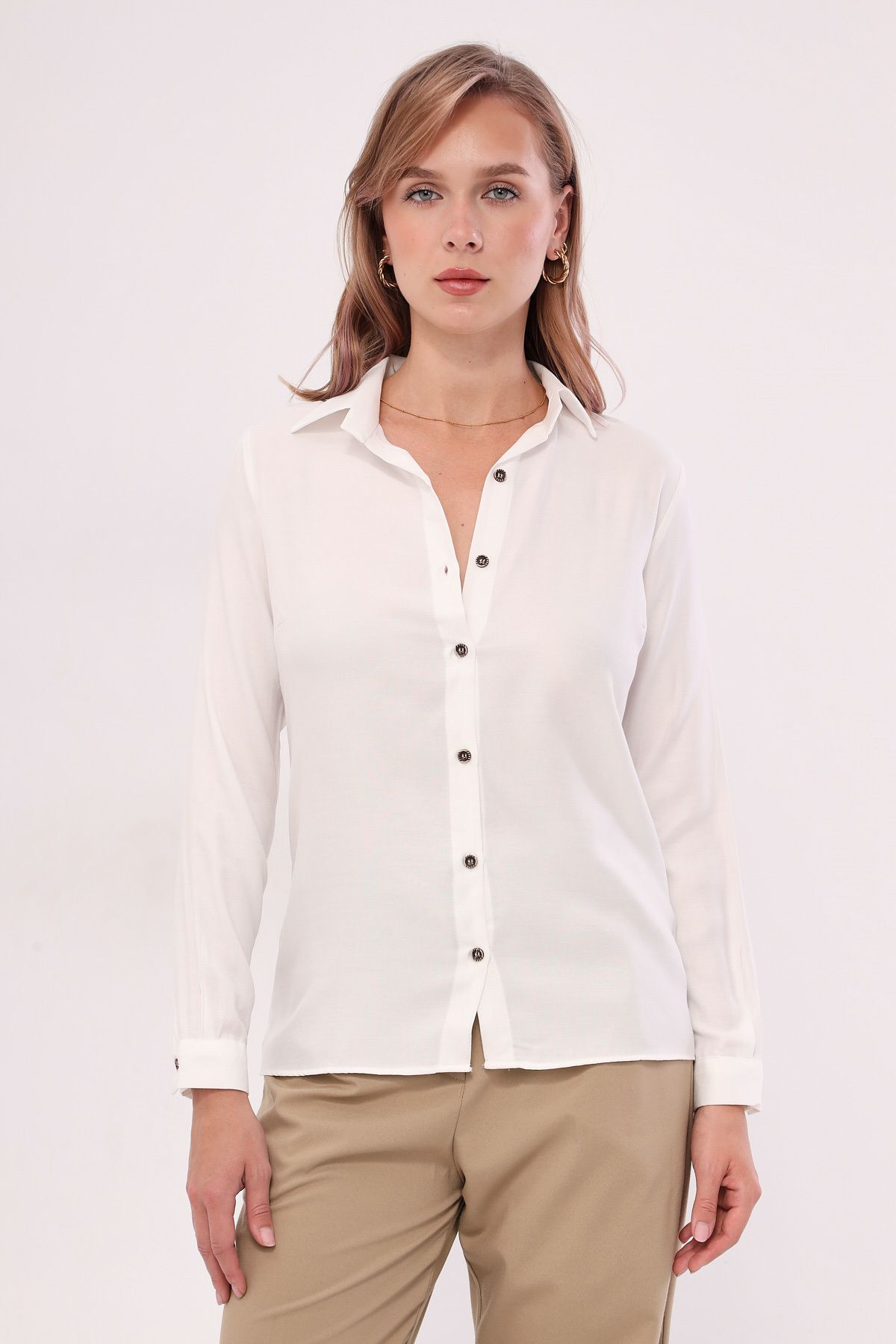 armonika-Women's White Long Sleeve Plain Shirt ARM-18Y001176 2