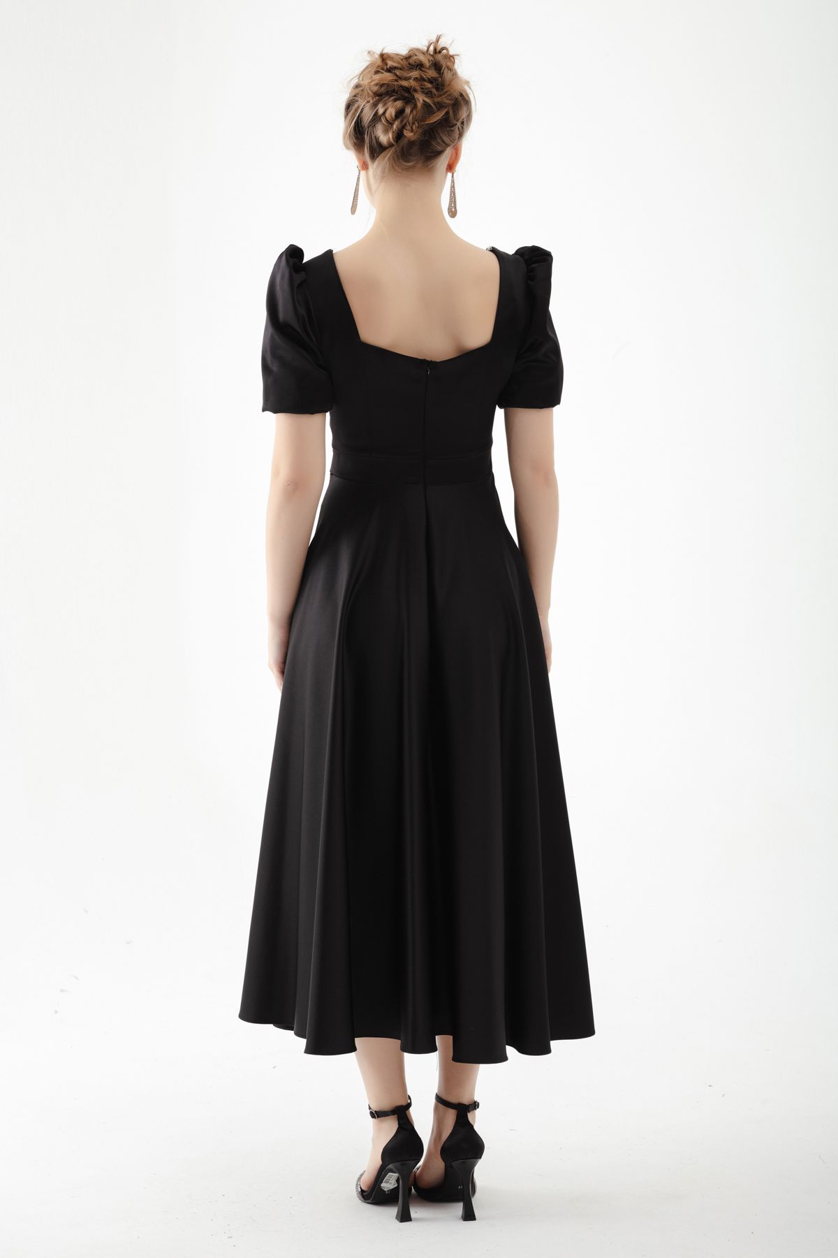 Lafaba-Schwarzes Midi-Abendkleid mit quadratischem Kragen und Ballonärmeln für Damen 5