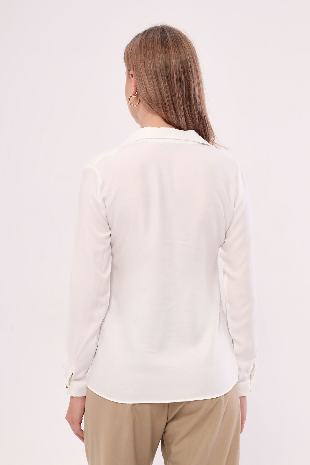 armonika-Women's White Long Sleeve Plain Shirt ARM-18Y001176 5