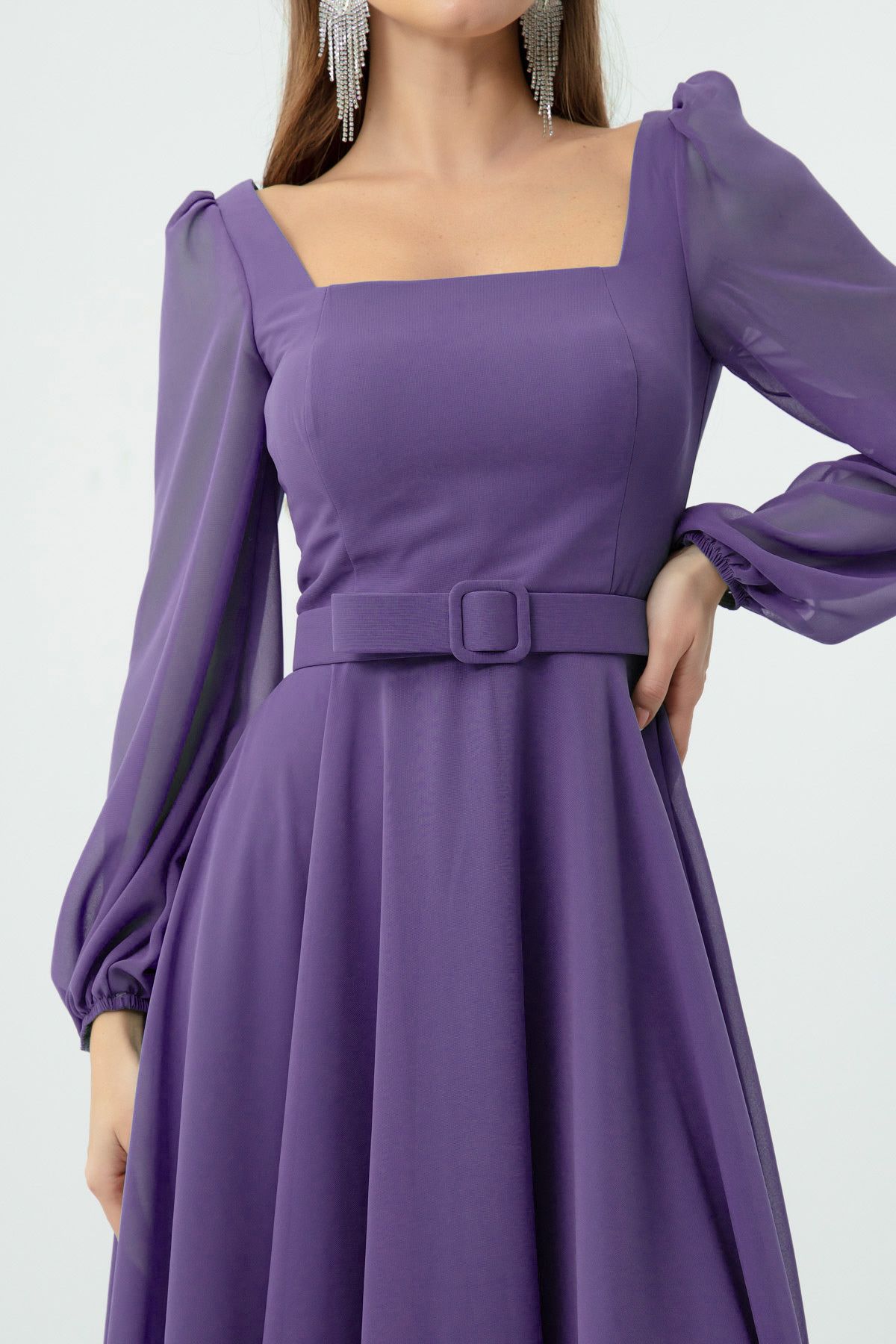 Lafaba-Women's Lavender Square Collar Belted Midi Chiffon Evening Dress 4