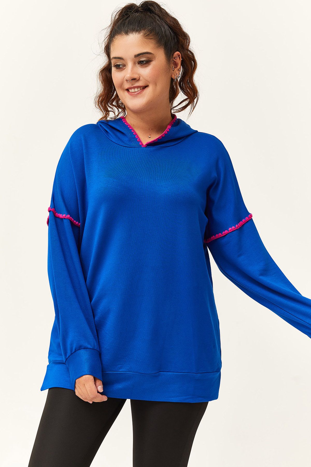 Ebsumu-Women's Plus Size Hooded Embroidery Detail Blue Sweatshirt 2