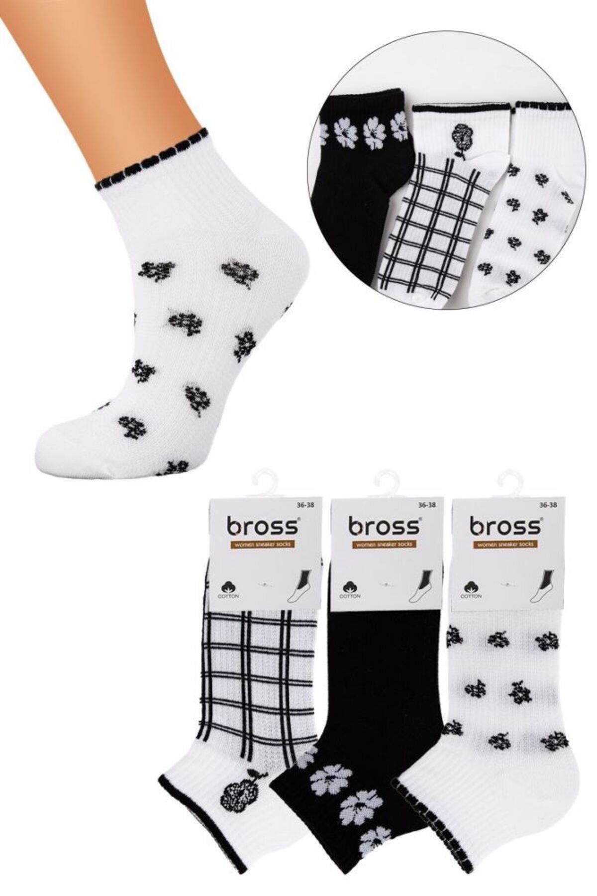 Bross-Set of 3 Square and Floral Patterned Booties Socks for Women 1