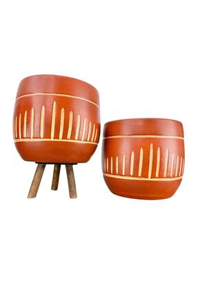 BİTKİ TASARIMI Dik Çizgi Desenli Toprak Saksı Saksılık Salon Çiçeklik İkili S...