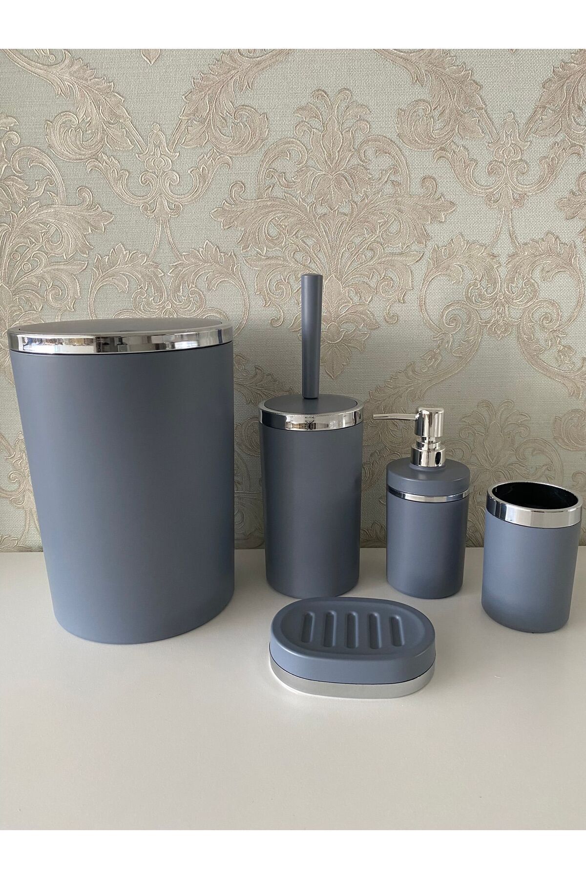 Trend Banyo Mutfak-5 Piece Matte Gray Silver Matte Bathroom Set 1