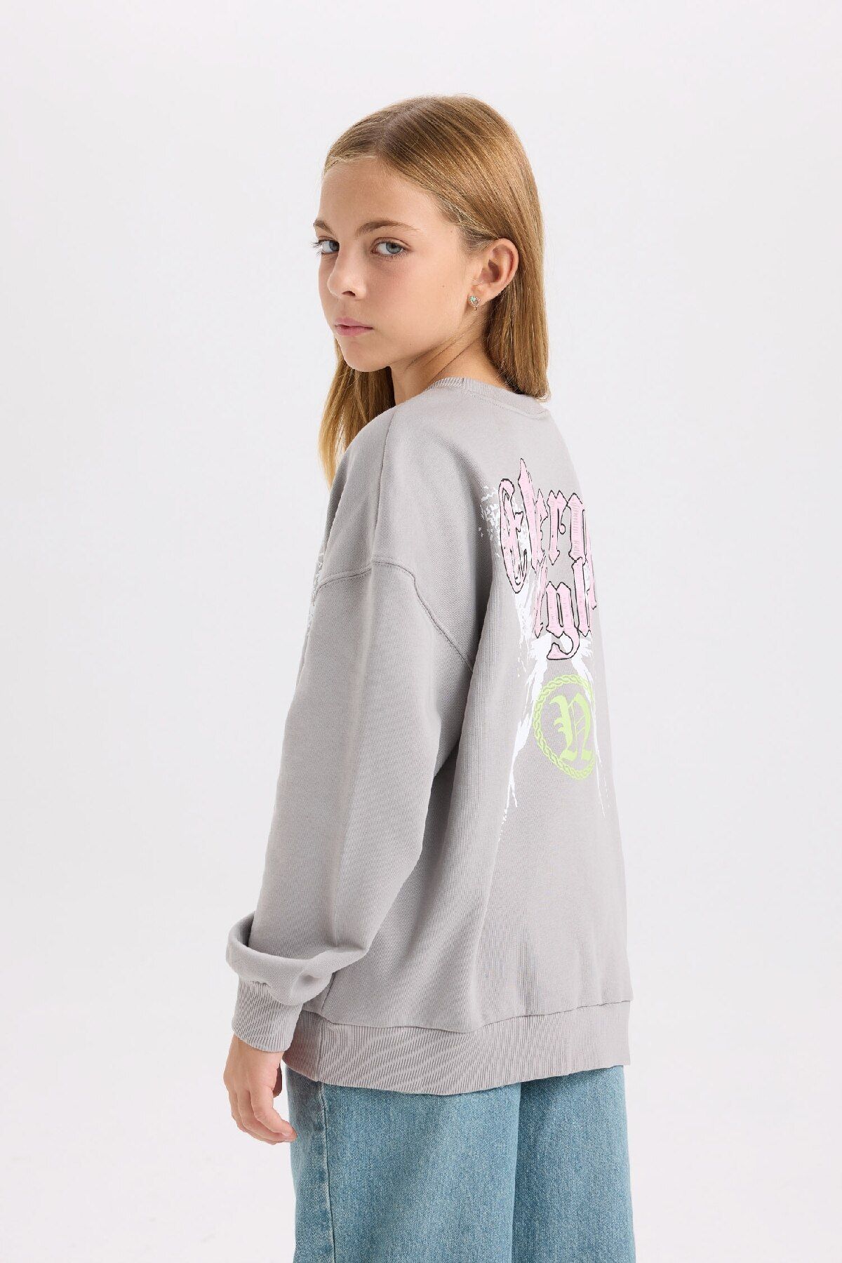 DeFacto-Gray Oversize Crew Neck Back Printed Girl's Sweatshirt - D6630A824Au 1