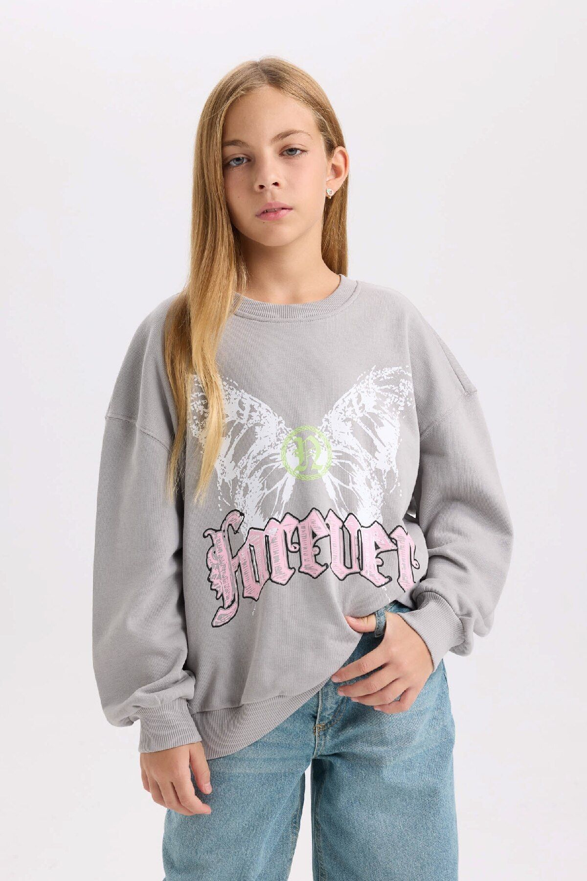 DeFacto-Gray Oversize Crew Neck Back Printed Girl's Sweatshirt - D6630A824Au 4