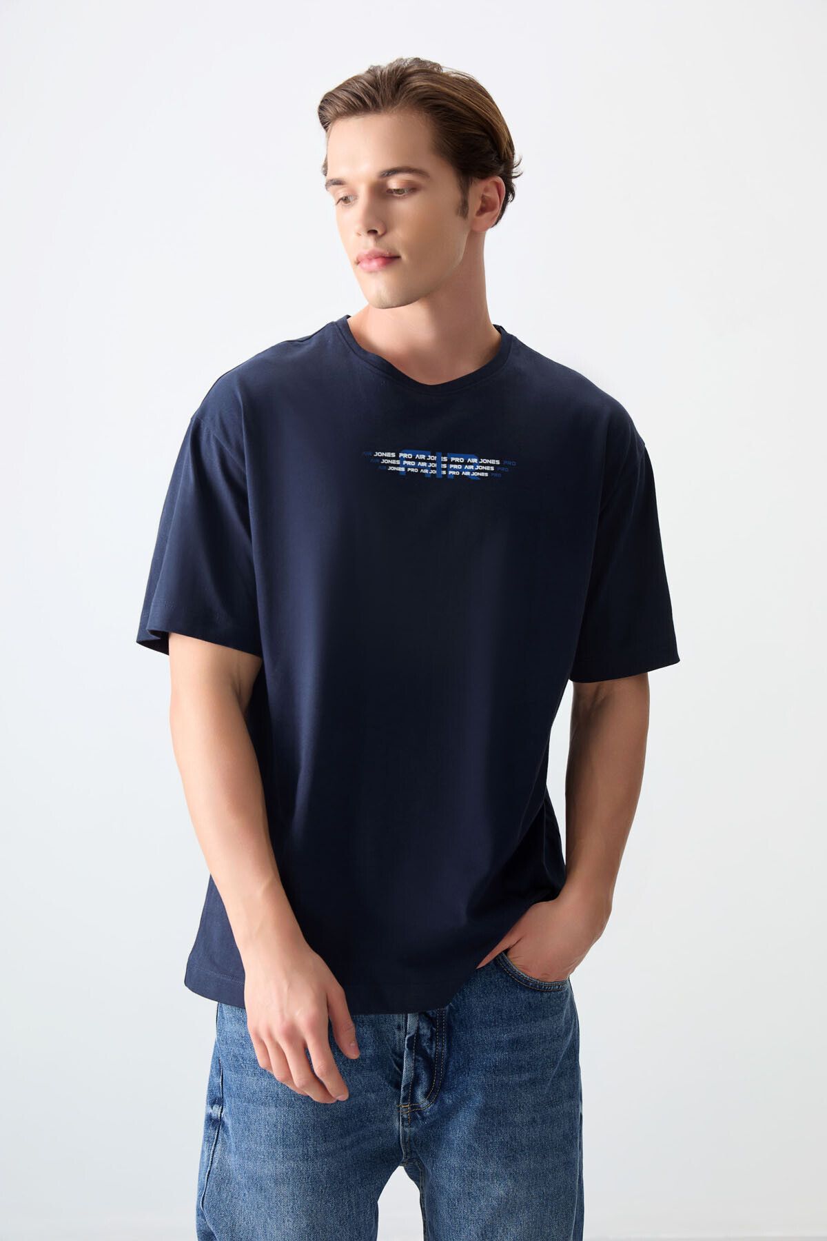 تی شرت مردانه آبی دریایی 100 ٪ پنبه ضخیم سفره نرم و بزرگ طرح دار T SHIRT 88356 Air Jones