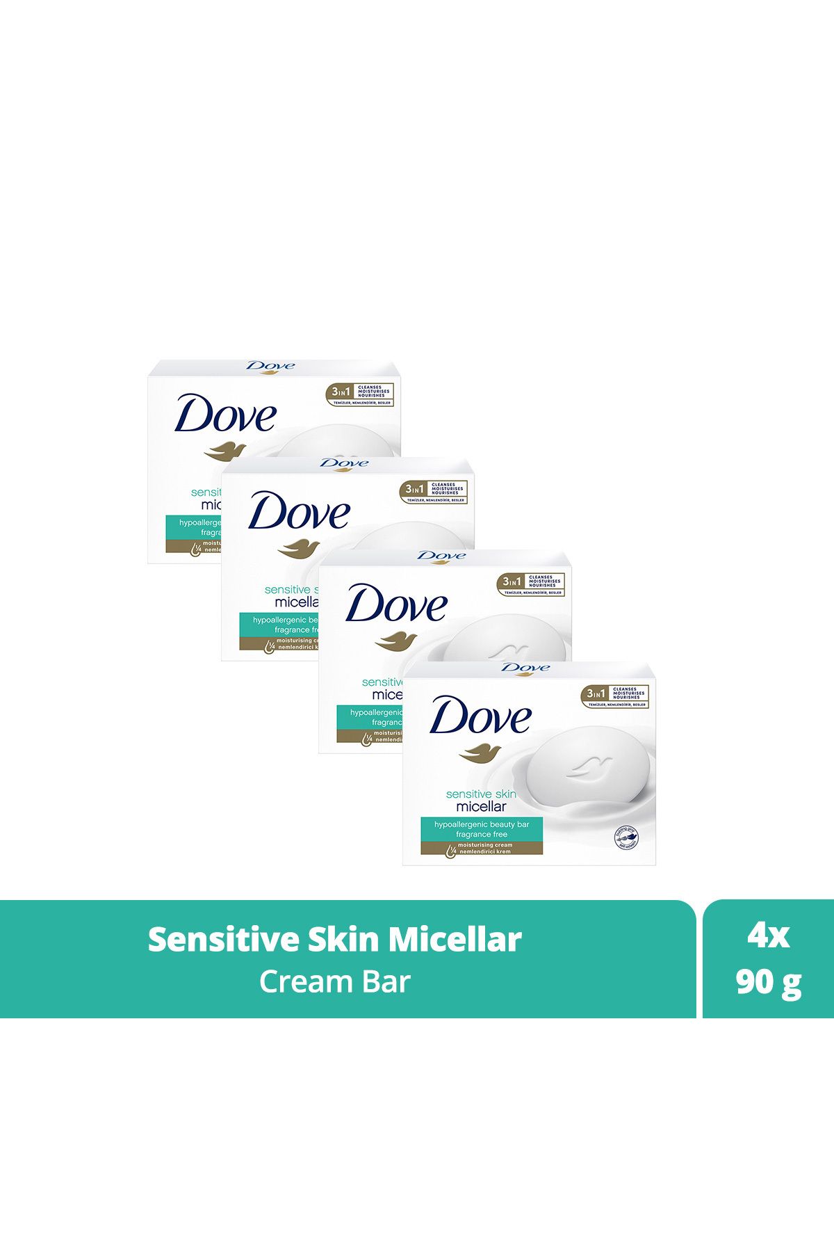 Dove Beauty Cream Bar Micellar Hassas Ciltler Için Nemlendirici Etkili 90 G X4