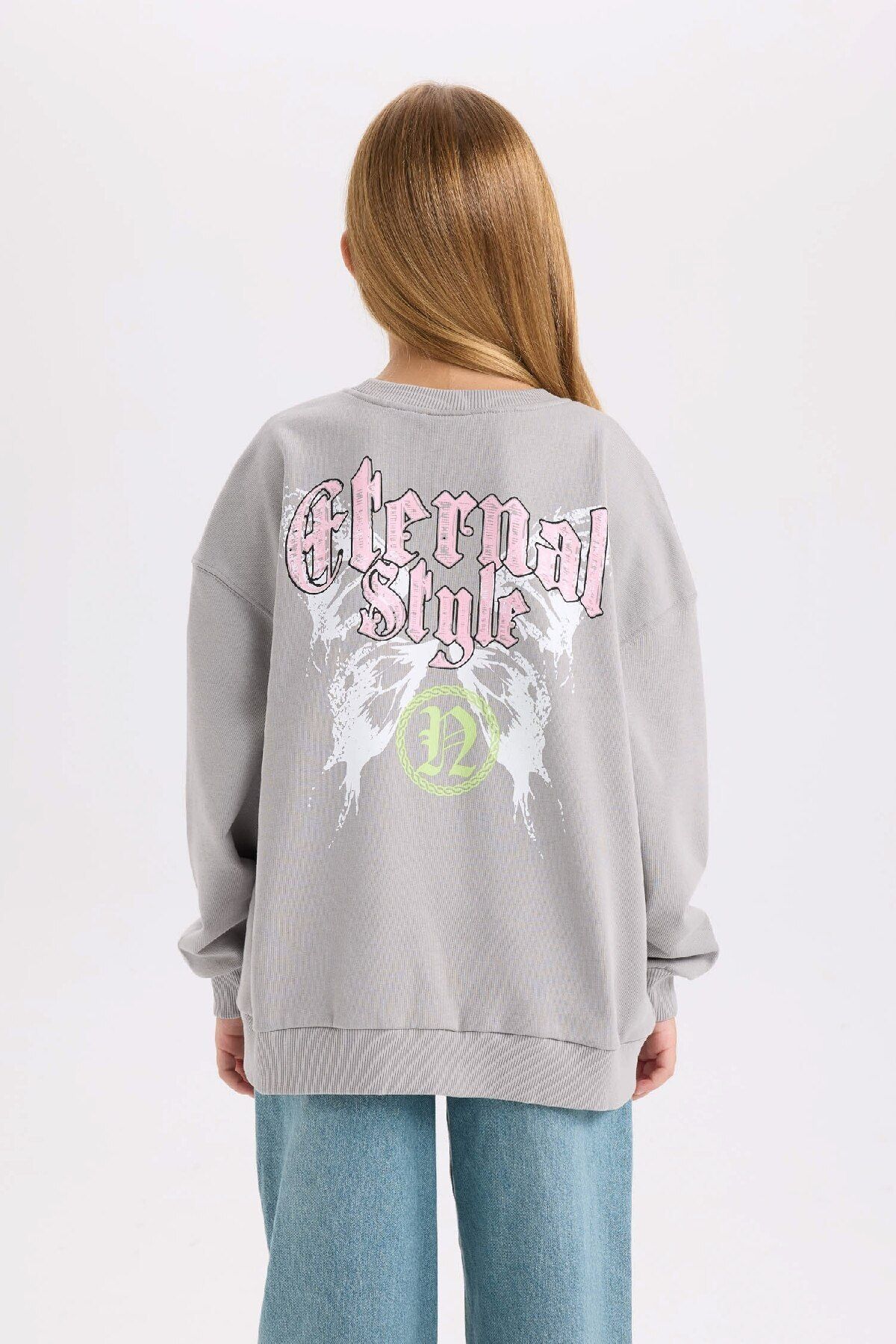 DeFacto-Gray Oversize Crew Neck Back Printed Girl's Sweatshirt - D6630A824Au 6