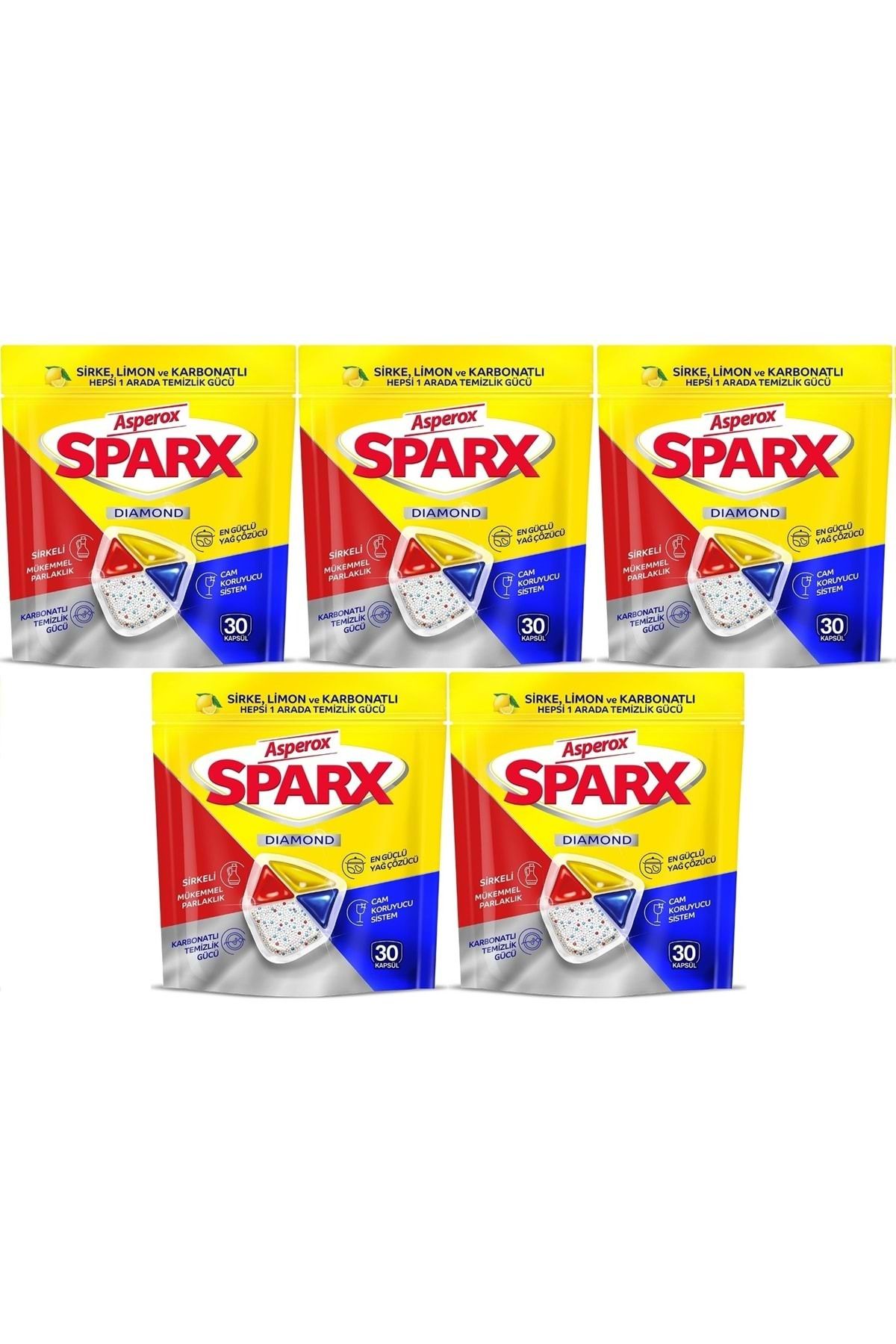 ASPEROX Sparx Bulaşık Makinesi Kapsülü 150 Adet Hepsi 1 Arada (Sirke-Limon-Karbonatlı) (5PK*30)