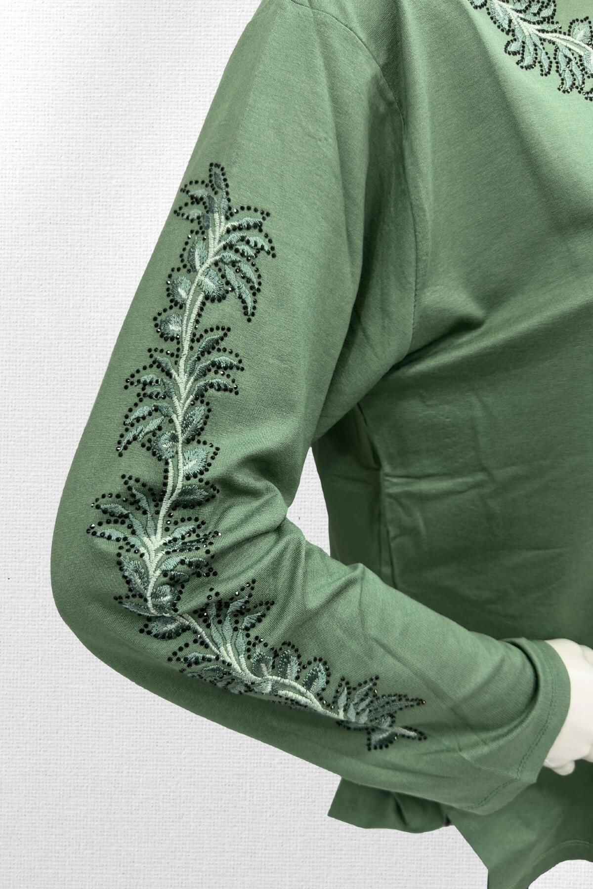 Moda Zeyn-Green Jewelled Flower Patterned Viscose Women's Combed Cotton Blouse 2