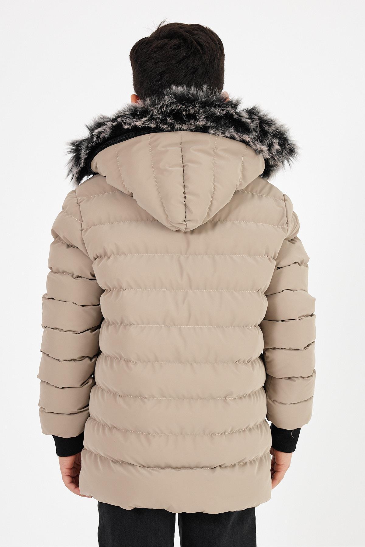 Krem Erkek Çocuk Çıkartılabilir Kapüşonlu Şişme Deri Karışımlı Kumaş Mont & Kaban görsel 6