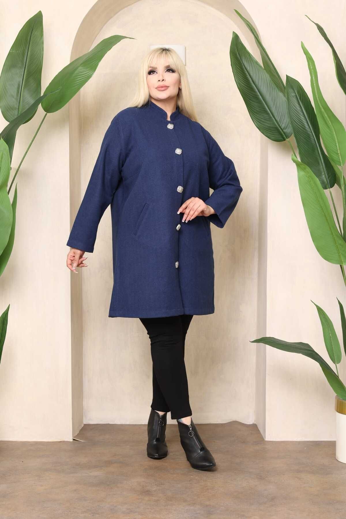 Şans-Women's Large Size Navy Blue Pocketed Unlined Cashmere Coat 65N38346 5