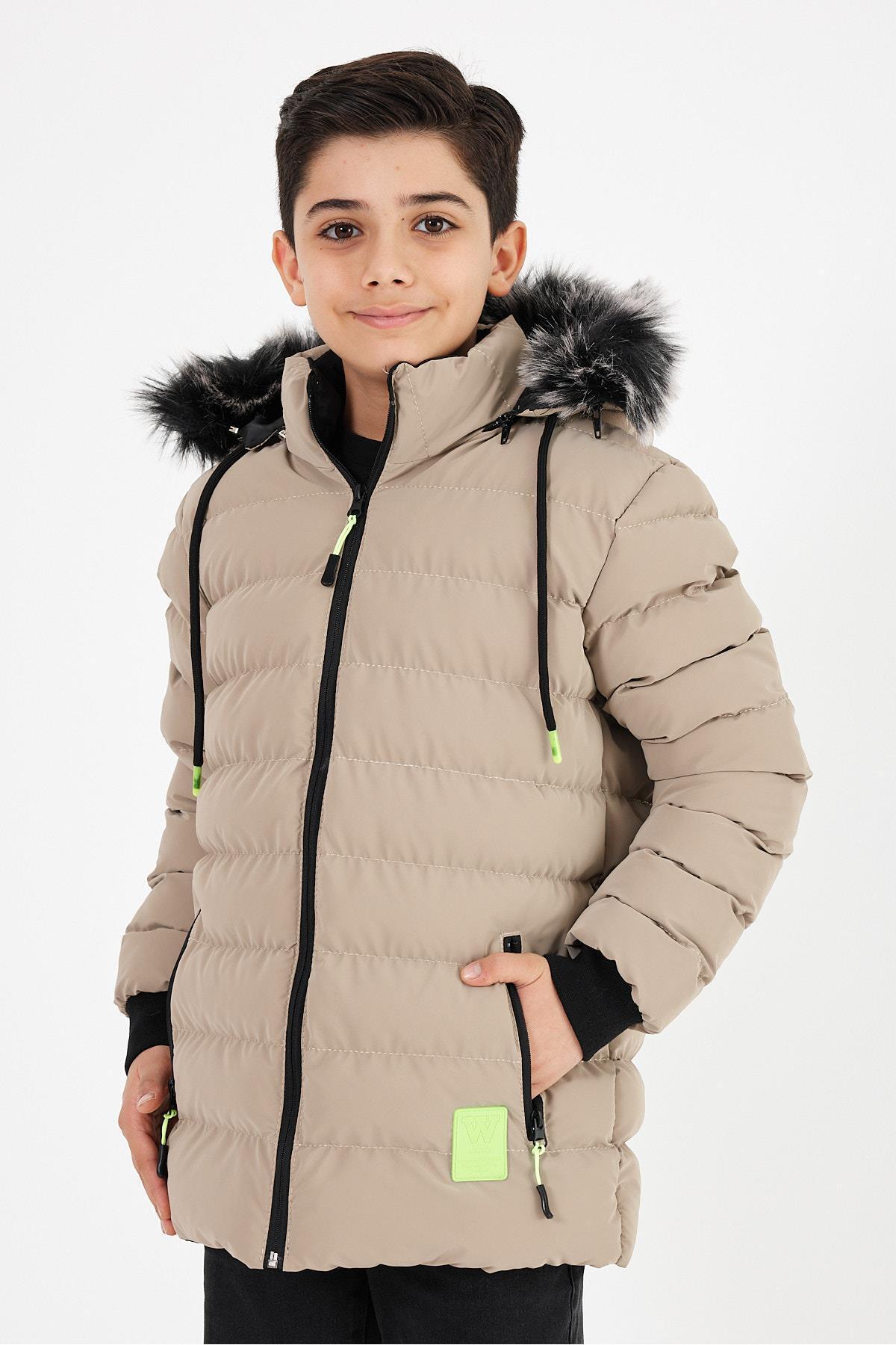Krem Erkek Çocuk Çıkartılabilir Kapüşonlu Şişme Deri Karışımlı Kumaş Mont & Kaban görsel 3
