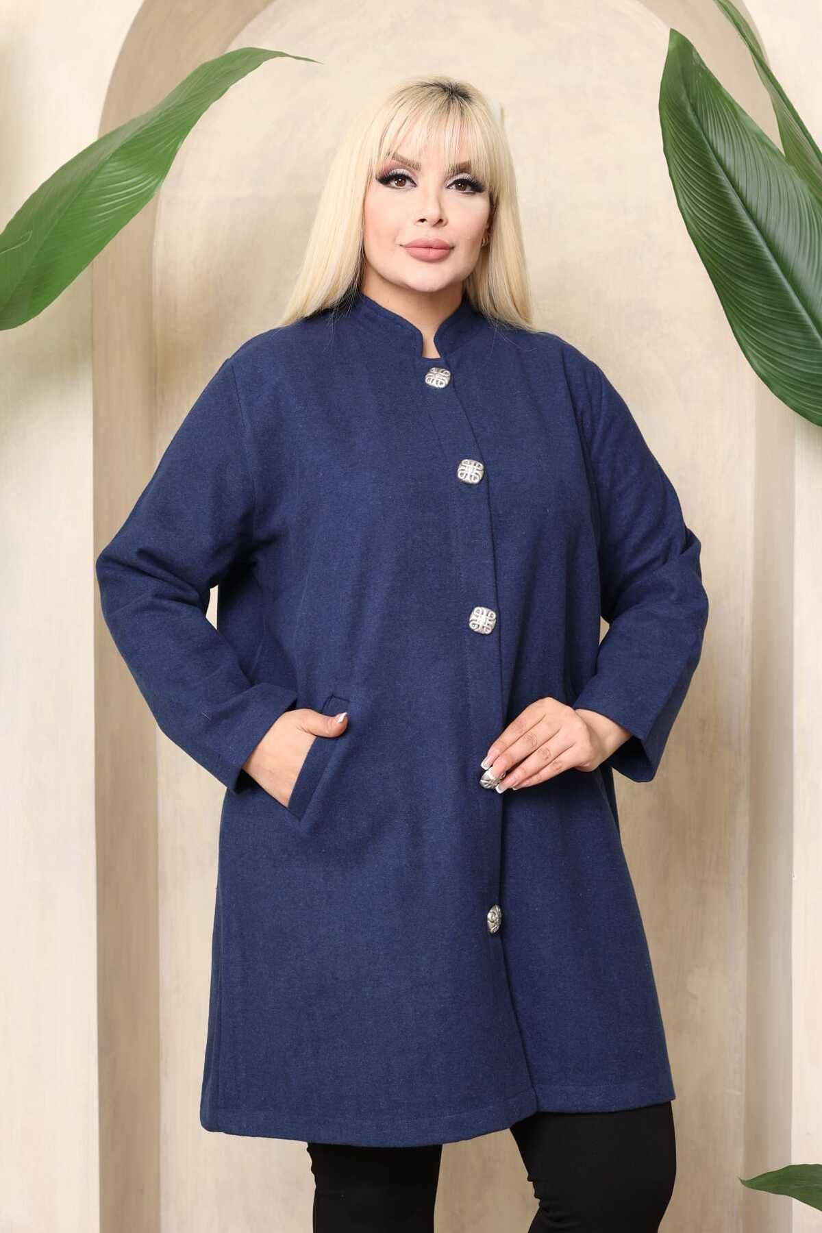 Şans-Women's Large Size Navy Blue Pocketed Unlined Cashmere Coat 65N38346 4