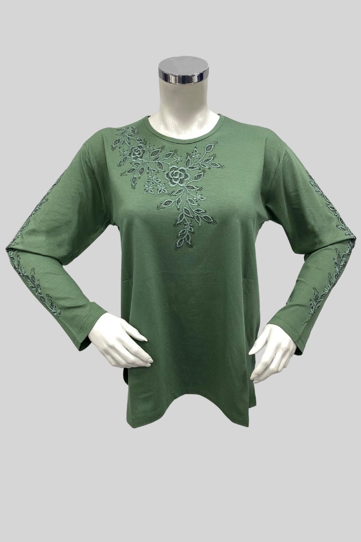 Moda Zeyn-Green Floral Patterned Jewelled Viscose Combed Cotton Blouse - Quality Mother Design 1